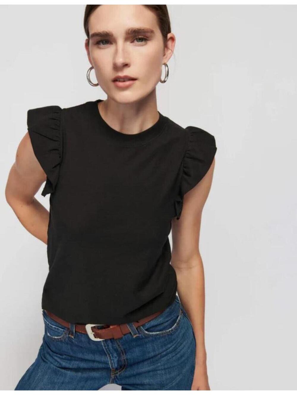 NATION LTD Black Cotton Paulette Flutter Sleeve Tank size Large